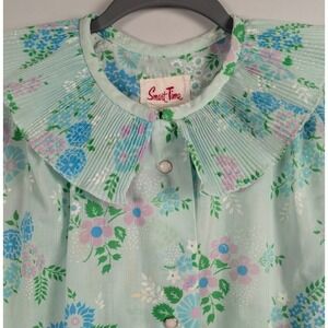 VTG Smart Time House Coat Dress Size 14 Blue Ruffle Floral Pocket Snap Up Union